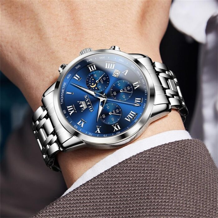 Чоловічий годинник на зап'ястя з нержавіючої сталі, хронограф, фаза місяця, водонепроникний, кварцовий, стильний, класичний, для чоловіків, срібний, чорний, золотий, синій (R5529g-g-lan)