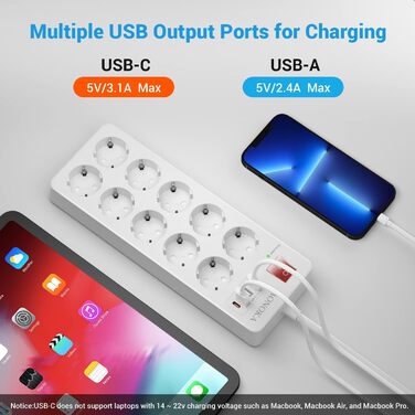 Мережевий фільтр 8 розеток з USB C, захист від перенапруги, адаптер з 2*USB A та 2*USB C, мережевий роз'єм для стіни з подвійним вимикачем, кабель 1.5м чорний (білий)