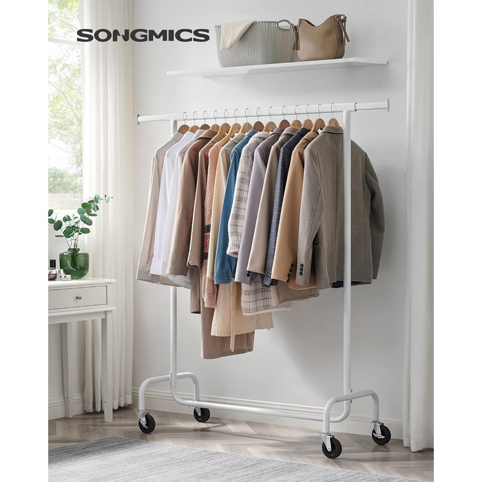 SONGMICS Clothes Rack with Wheels, Garment Rack, Heavy Duty, Extendable Clothes Rod, Holds up to 110 kg, 45 x (160-200) x 162.9 cm, Metal, Chrome, HSR176E01 ((110-150)B cm, Mattweiß)