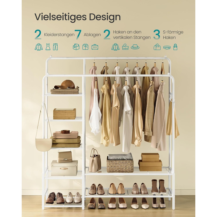 SONGMICS Стійка для одягу, відкрита шафа, вішалка для одягу з 7 полицями, металевий каркас, перекладина для одягу, для спальні, вітальні, передпокою, HSR182B01 (Білий, 115,8B см)