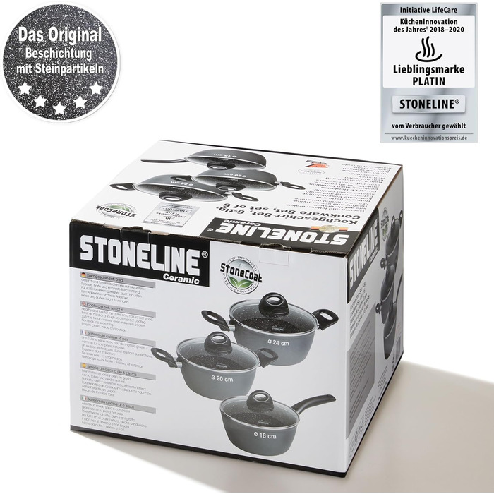 STONELINE Ceramic Cookware Set, 6-Piece, 18/20/24cm Pots with Lids. PFAS-Free, Non-Stick Pot. Suitable for Induction and All Cooktops with Ceramic Coating and Real Stone Particles. Cookware Set, Grey, 6-Piece