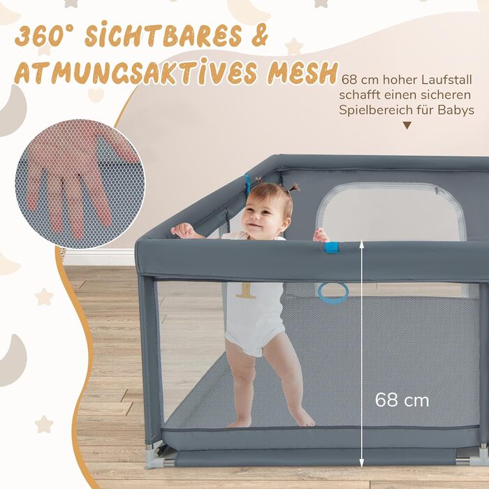 DREAMADE Playpen Baby, 200 x 180cm Playard with 50 Balls & 4 Grips & Carry Bag, Foldable Crawling Gate with Breathable Mesh, for Baby & Toddlers 0-36 Months (Dark Grey)