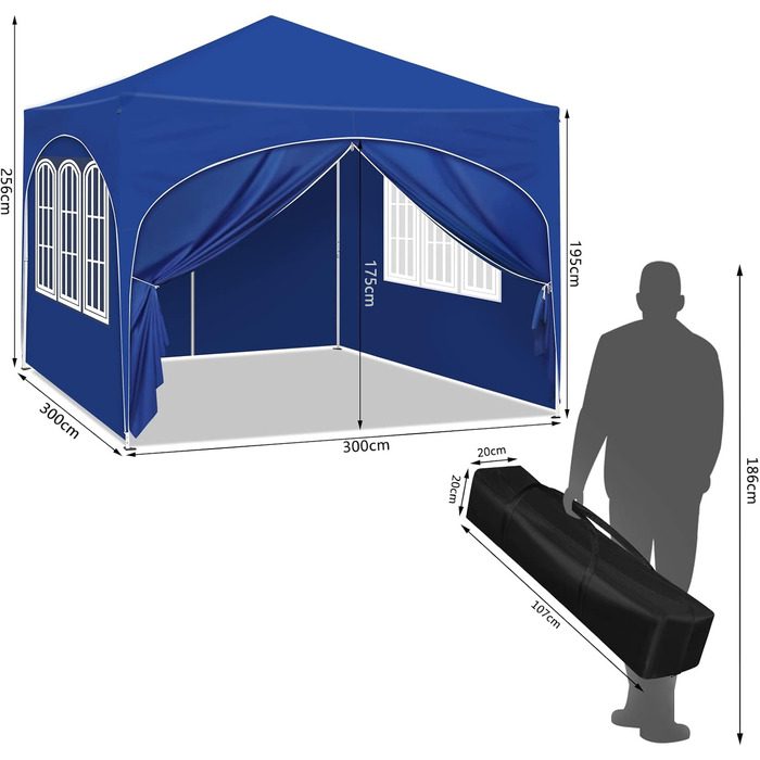 WOLTU Gazebo, Folding Gazebo 3x3 m, with 4 Side Walls, Party Tent Water-Resistant UV Protection 50+, Adjustable Height Garden Gazebo, with Carry Bag, for Outdoor Garden Camping (Blue)