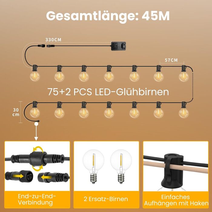 LED гірлянда Yuusei для декору: 100+4 лампочки, тепле світло, IP45, 45м (2x30м), для саду, балкону, вечірки