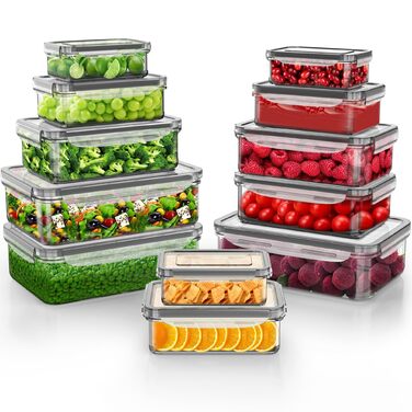 Контейнери для зберігання продуктів з кришками, набір 12 шт. Герметичні пластикові контейнери для кухні, Meal Prep, без BPA. Органайзер для холодильника