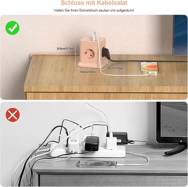 FDTEK Розетка-спінер з USB-C та USB-A, 7 розеток, 2500W/10A, з вимикачем, 1.8м кабель, рожевий