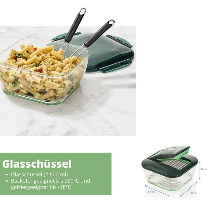 Genius Nicer Dicer Chef Deluxe XXL 37-Piece Set with Glass Bowl Set, Tomato & Vegetable Chopper & 3-in-1 Strainer Bowl - Crushes, Chops Onions, French Fry Cutter, Green