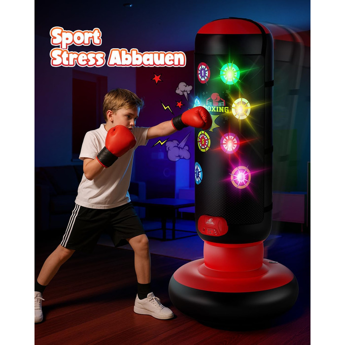 Інтерактивна дитяча боксерська груша з підсвіткою та звуком, надувна, з рукавичками, для хлопчиків 6-12 років, червона