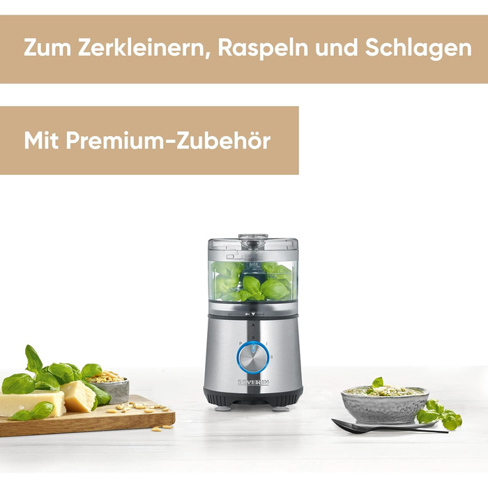 SEVERIN Compact Multi-Chopper, Universal Chopper for Coarse and Fine Chopping, Food Processor with Extensive Accessories, Brushed Stainless Steel / Black, KM 3865