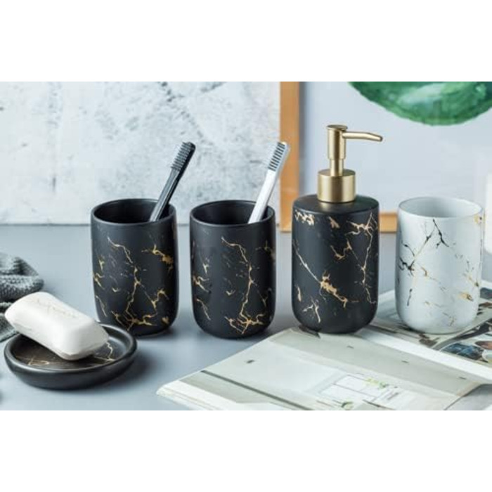 Набір аксесуарів для ванної кімнати з кераміки: миловарка, стакан, мильниця (3 шт.) - золотий/чорний малюнок мармуру