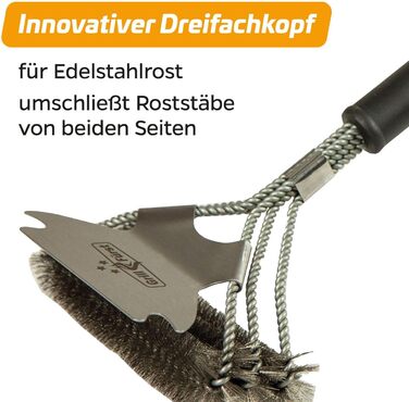 3X Grillfürst Premium Grill Brush with Brass Bristles, 45 cm - Grill Cleaning Brush for Grill Grate, Grill Grate Brush with wide 3-fold brush head and scraper (2x stainless steel with scraper)