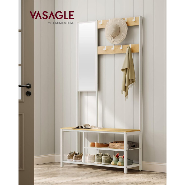 VASAGLE Coat Rack, Coat Stand with Hooks, Clothes Rack with Mirror, Shoe Bench and Shelves, 36 x 98 x 185 cm, for Entryway, Bedroom, Living Room, Vintage Brown-Black HSRAM050B01 (Oak Color + White)