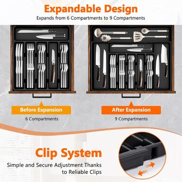 Органайзер для столових приборів розширюваний для шухляд, пластиковий, 6-10 відділень, для ножів, виделок, ложок