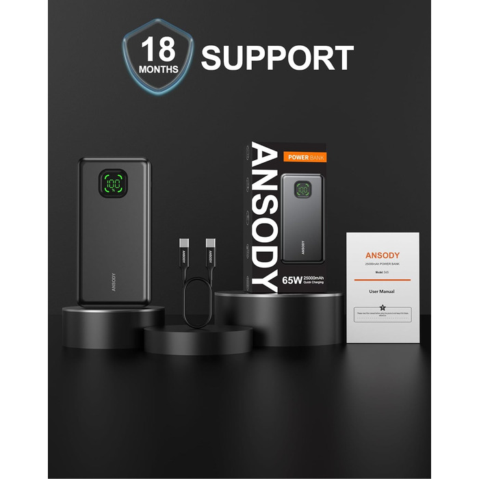 Power Bank 65W 25000mAh Klein Aber Stark для ноутбука та iPhone/iPad: портативний акумулятор з LED дисплеєм, USB-C, сірий