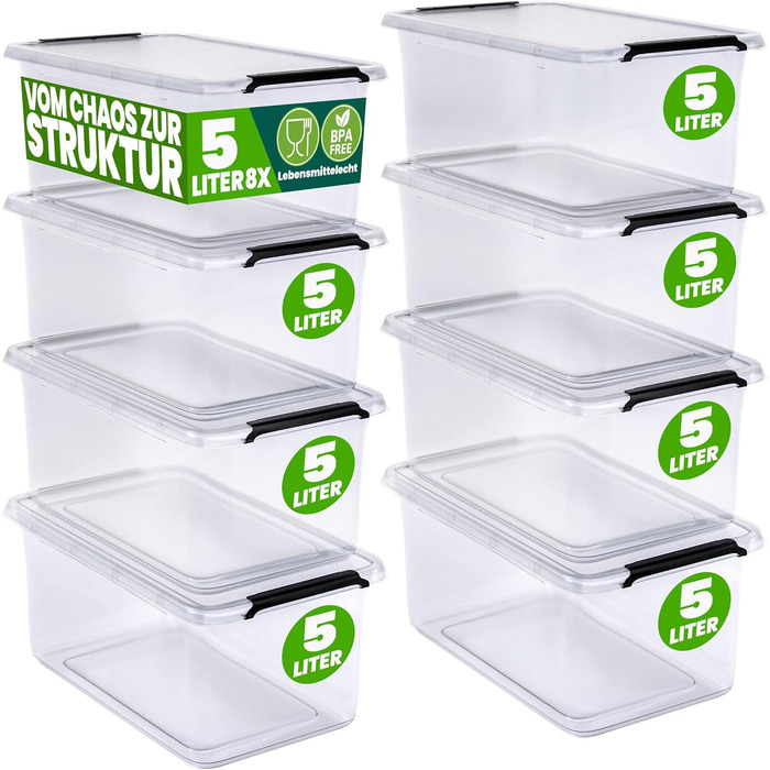 Deuba® 10x Storage Box with Lid - Plastic Boxes, Food Safe, BPA Free, Small, Snap Closure, Transparent, Stackable, Kitchen, Bedroom (5L, 8-Piece Set)