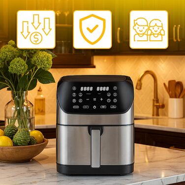 Аерофритюрниця Retoo 6.5л 1800Вт, 10 програм, до 200°C, з цифровим керуванням, нержавіюча сталь (чорний/срібний)