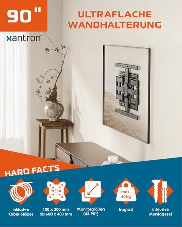 Настінний кріплення для телевізора Xantron Slim Fit, поворотний, з аксесуарами - відстань від стіни 27 мм, 43-90 дюймів, VESA до 600x400, до 75 кг - SLIMLINE-466US