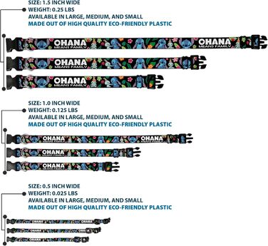 Нашийник Buckle-Down з пластиковим кліпом - Ohana Means Family/Stitch & Scrump Poses/Тропічні квіти. Чорний/Білий/Багато кольорів. Ширина 2.5 см. Підходить для шиї 38-66 см. Великий