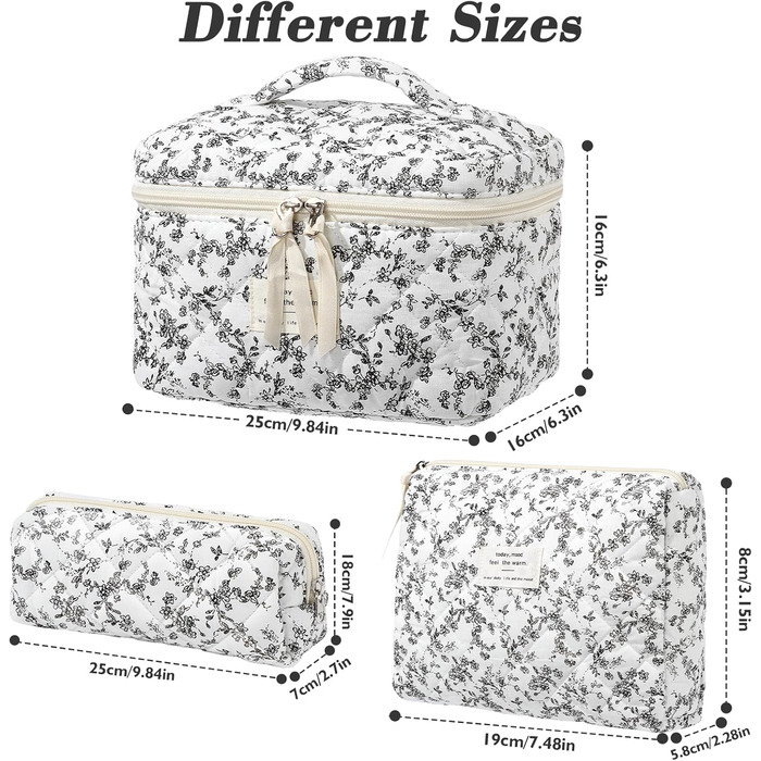 Набір косметичок 3 шт. з квітковим принтом, для жінок та дівчат | Косметичка для подорожей та повсякденного використання | Білий, чорний, квіти