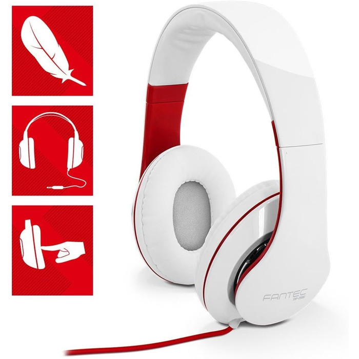 Навушники FANTEC SHP-250AJ Stereo HiFi, білий/червоний, без мікрофона