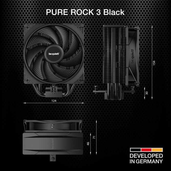 be quiet! Pure Rock 3 Black - повітряний кулер для ПК з високою продуктивністю, 4 теплові трубки HDT, вентилятор Pure Wings 3 120mm PWM, встановлена монтажна планка