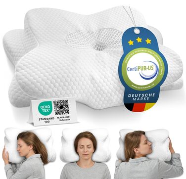 Ортопедична подушка для шиї при болях у шиї з високоякісної піни з пам'яті - Ергономічна подушка для шиї - Подушка для тих, хто спить на боці, на спині та на животі - знімний чохол, придатний для прання при 40°C (61 x 40 x 12, білий)