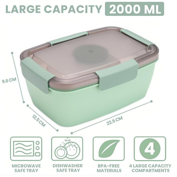 Ланчбокс Bugucat 2000 мл, витримує протікання, бенто-бокс з відділеннями для їжі, контейнер для салату, набір з виделкою, для школи, пікніка, чорний (2000 мл)
