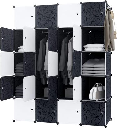 NAIZY Wardrobe Black DIY Plastic Shelf System Clothes Closet Storage Shelf Plug-in Shelf System with Door Plastic Cabinet (16 Cubes, with 2 Clothes Rods) (20 Cubes, with 2 Clothes Rods)