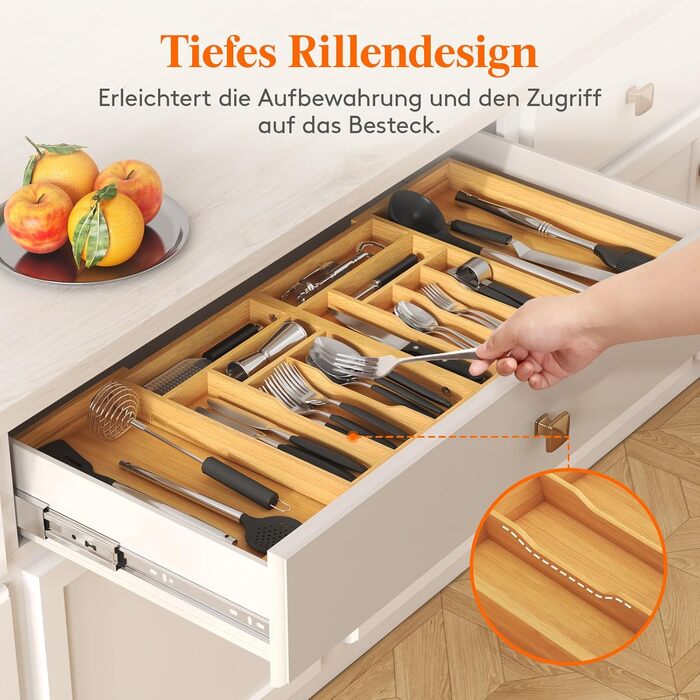 Lifewit Bamboo Cutlery Box, Large Cutlery Insert for Drawer, Adjustable Cutlery Box Expandable to 36 Inches Wide, 11-13 Compartments, Utensil Holder for Spoons/Forks/Knives, Natural Color