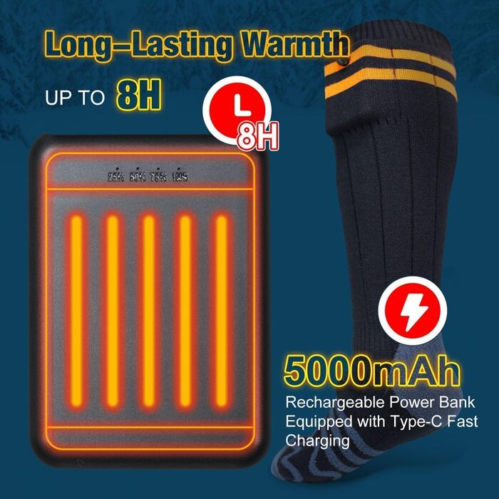 Гріючі шкарпетки з підігрівом, 5000mAh, 4 режими температури, USB, для катання на лижах, велосипеді, риболовлі, кемпінгу, унісекс, 35-45 EU