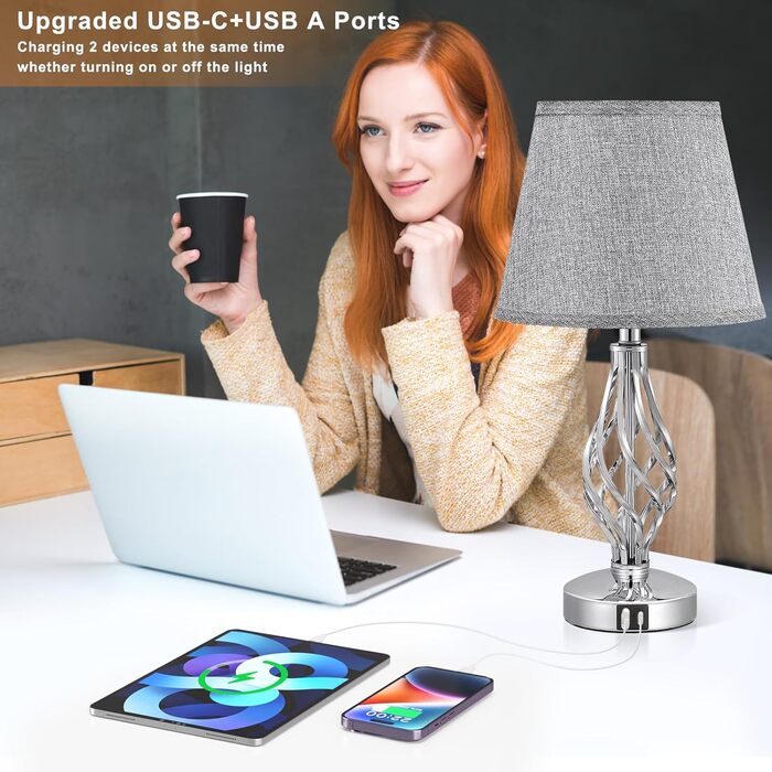 Настільна лампа Kakanuo 2 шт. з USB зарядкою, диммуванням та LED-лампочками, сірий абажур. Сучасний дизайн для спальні, вітальні, офісу.