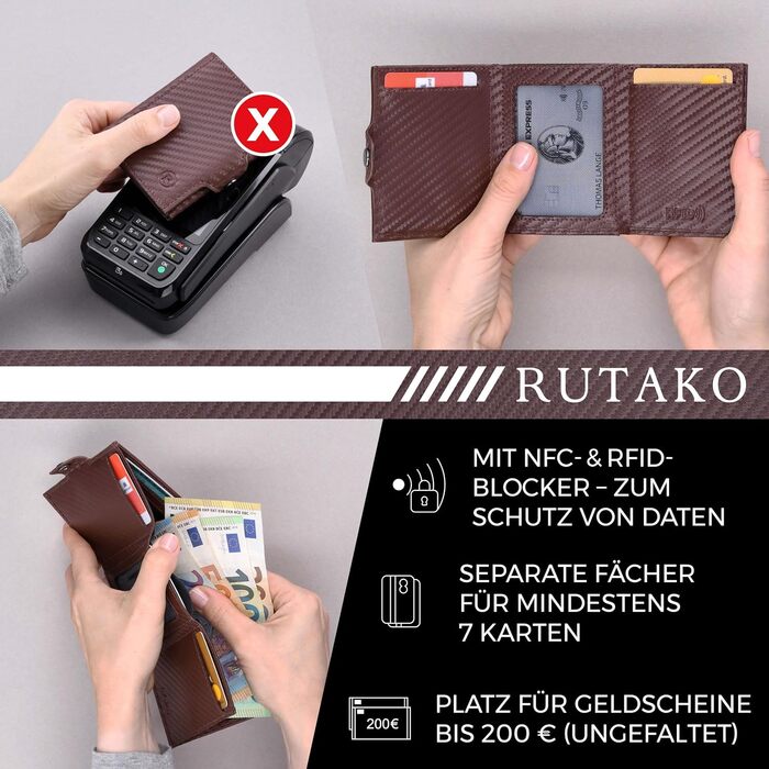 RUTAKO Slim Wallet with XL Coin Pocket & RFID Protection - Card Holder for Men & Women - Small Credit Card Wallet - Mini Purse - Small Portmonee/Portemonnaie - Wallet Carbon Brown