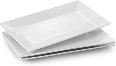 DOWAN Rectangular Serving Platter, Porcelain 35.6 x 20.3 cm, Rectangular Porcelain Plates, Dinner Plates for Meat, Fish, Sushi, Dish, etc. Natural White, 3 Pieces