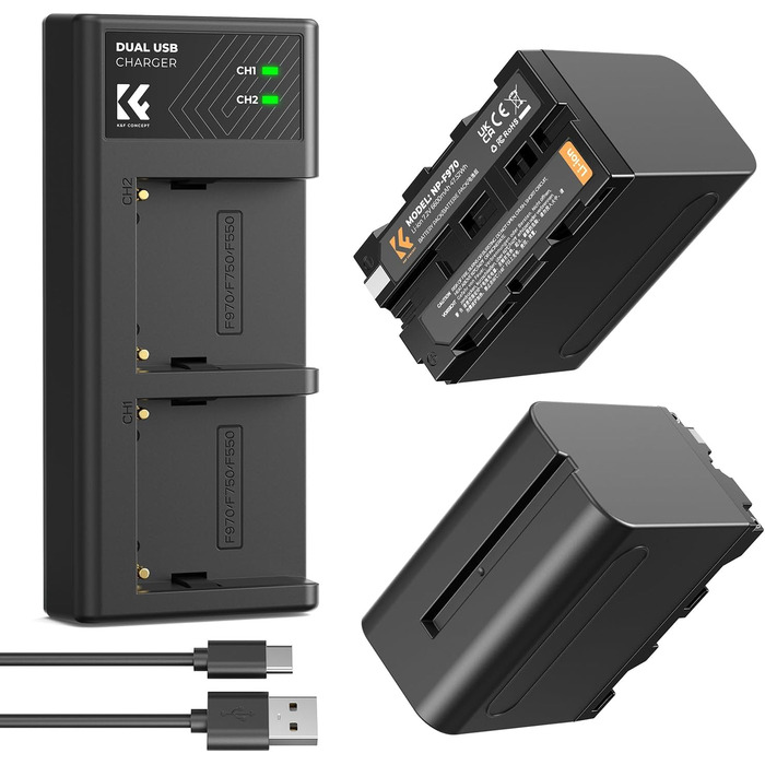 K&F CONCEPT NP-F970: 2 акумулятори 6600mAh та LED-зарядний пристрій (сумісний з Sony NP-F550, F570, F750, F770, F930, F950, F960, F970) для LED-ліхтів, моніторів та камер