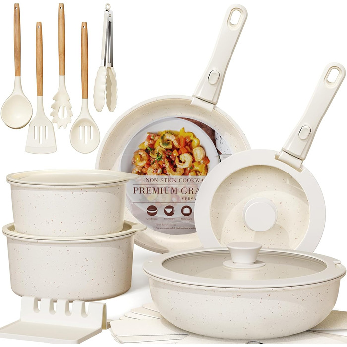 Набір посуду Astercook 21 предмет: каструлі та сковорідки з антипригарним покриттям, керамічний набір посуду, знімні ручки, для дому та кемпінгу, сумісний з індукцією, можна мити в духовці, стійкий, складаний