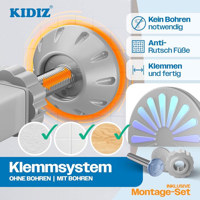 Захист для сходів KIDIZ без свердління | Ширина: 74-80 см, висота 75 см | Захист від падіння для дітей та собак | Одноручний відкривання, система Open-Stop 90°, сірий