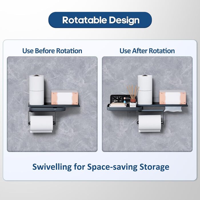 Настінний тримач для туалетного паперу з полицею, багатофункціональний, обертовий, з нержавіючої сталі, чорний мат. Підходить для ванної кімнати, кухні та пральні.