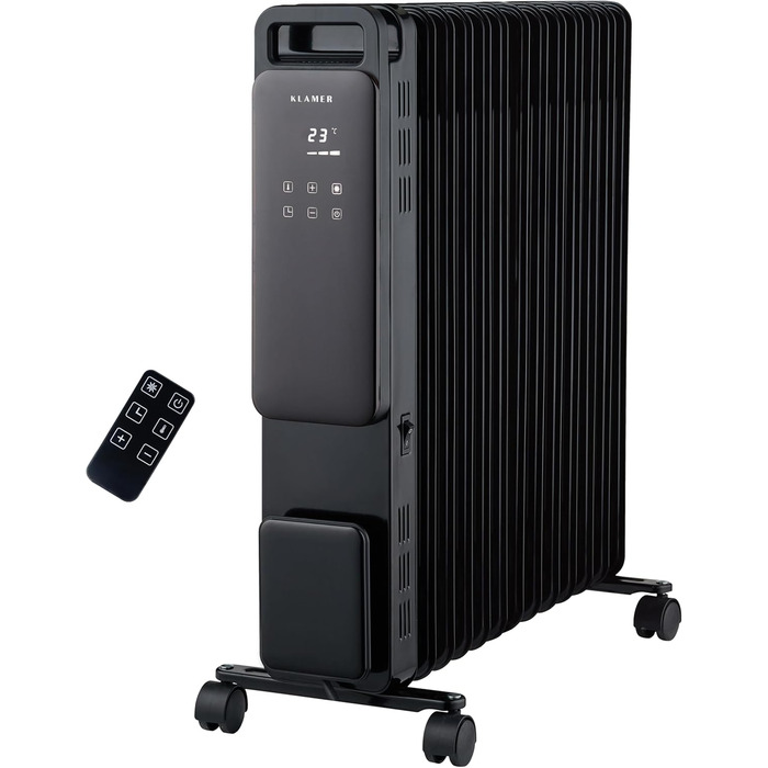 KLAMER Oil Radiator 2500 W, Electric Heater Energy-Saving, 13 Fins, 3 Heating Levels with Eco Mode, 24h Timer, Thermostat, Overheat & Tip-Over Protection, with Remote Control, for Indoor Use, Black