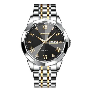 Годинник чоловічий PINDOWS Luxus Quarz з датою та великим циферблатом, водонепроникний, стильний бізнес-годинник. Елегантний двоколірний класичний годинник з нержавіючої сталі з підсвічуванням та календарем. Артикул: De650n2. Срібний браслет, чорний циферблат.