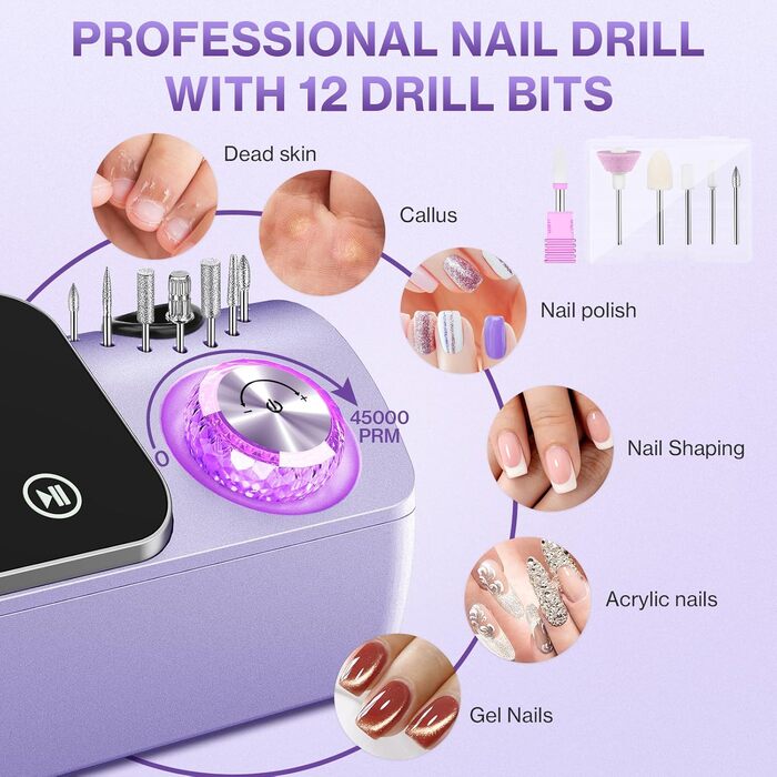 Електрична шліфувальна машинка для нігтів (нагельфрайзер) з LCD-дисплеєм, 45000 об/хв, професійний набір для манікюру та педикюру з мультифункціональною базою та сенсорним керуванням, фіолетовий