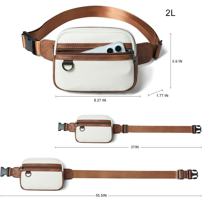 Жіноча та чоловіча поясна сумка, 2 л, веганська шкіра, коричнева, 8 дюймів. Ідеальна для подорожей, піших прогулянок та бігу.