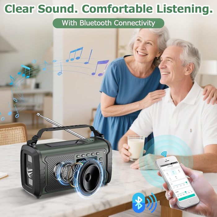 Радіостанція невідкладної допомоги 27000mAh з ручним заводом, сонячною панеллю, USB-зарядкою, Bluetooth 5.3, функцією Powerbank, SOS-сигналом, ліхтарем, лампою для читання, компасом, слотом для TF-карти та міцним Outdoor-дизайном, армійного кольору