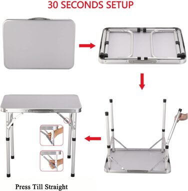 Складаний стіл 60 см: портативний, для кемпінгу, пікніка, саду, відпочинку на природі. Алюмінієвий каркас, регульована висота. Розміри: 60 x 45 x 25,9 см (Д x Ш x В). Білий