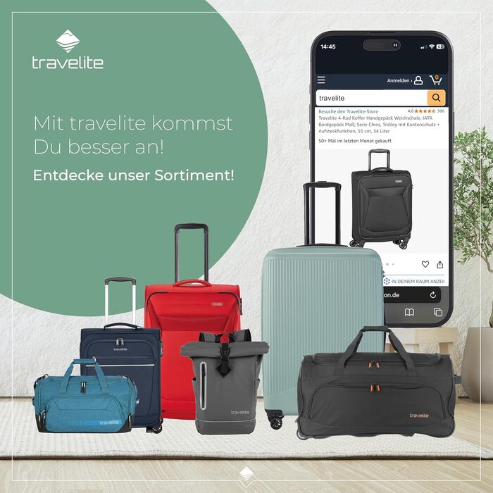 Чемодан-валіза Travelite, 52 см, 39 літрів, чорний. Валіза ручної поклажі з замком, 2 колеса