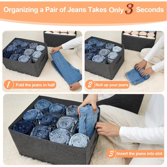 EASEVE 4-Piece Closet Organizer Drawer Storage Box for Clothes - 12-Cell Drawer Organization System Closet Clothes Storage Boxes for Jeans, Pants, Towel, Shirt, Sweater