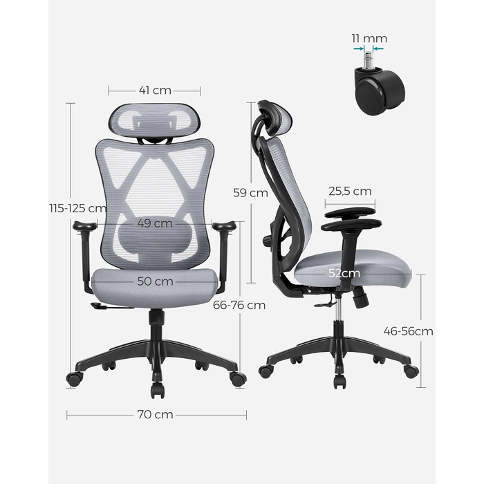 Офісний стіл SONGMICS: ергономічне крісло з регульованою поперековою та підголовною підтримкою, до 150 кг, регульована висота, сірий