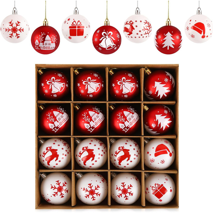 16 шт. прикрас для ялинки Homewit, 6 см, червоно-білі ялинкові кулі, набір для ялинки, святкова декорaція