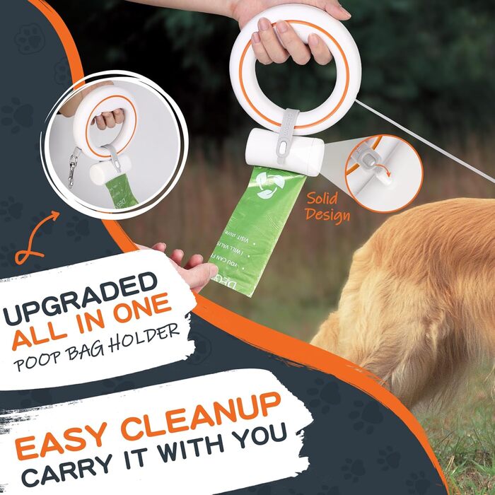 Висувна поводок для собак, ручне кріплення, 3 м, 360°, без перекручувань, з тримачем для пакетів для екскрементів, для середніх та маленьких собак (Помаранчевий/Білий)