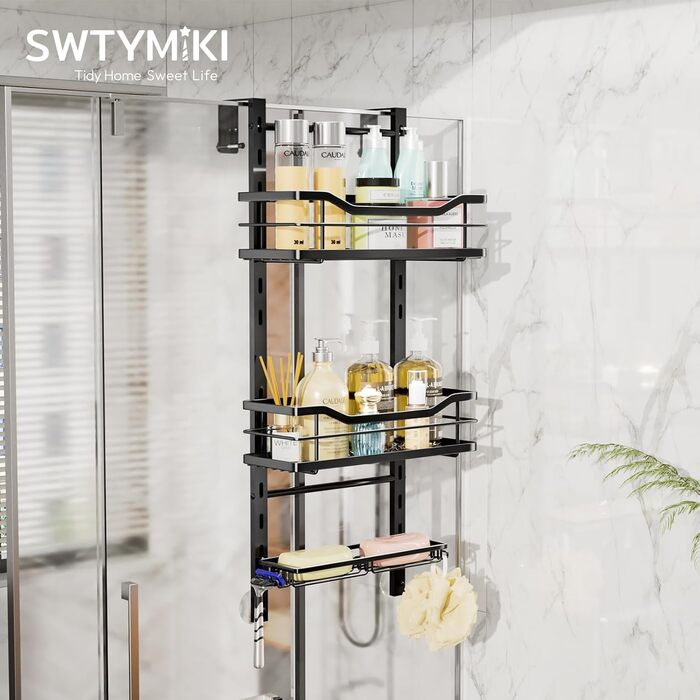 SWTYMIKI Adjustable Hanging Shower Shelf - No Drilling Shower Shelf for Glass Door, Stainless Steel Shower Shelf with Hooks and Soap Holder, Shampoo Holder for Shower, Black