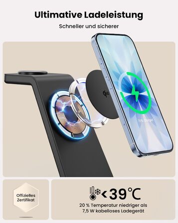 Зарядний пристрій GEEKERA 3 в 1 з підтримкою Qi2, 15W, для iPhone, Apple Watch, AirPods, чорний